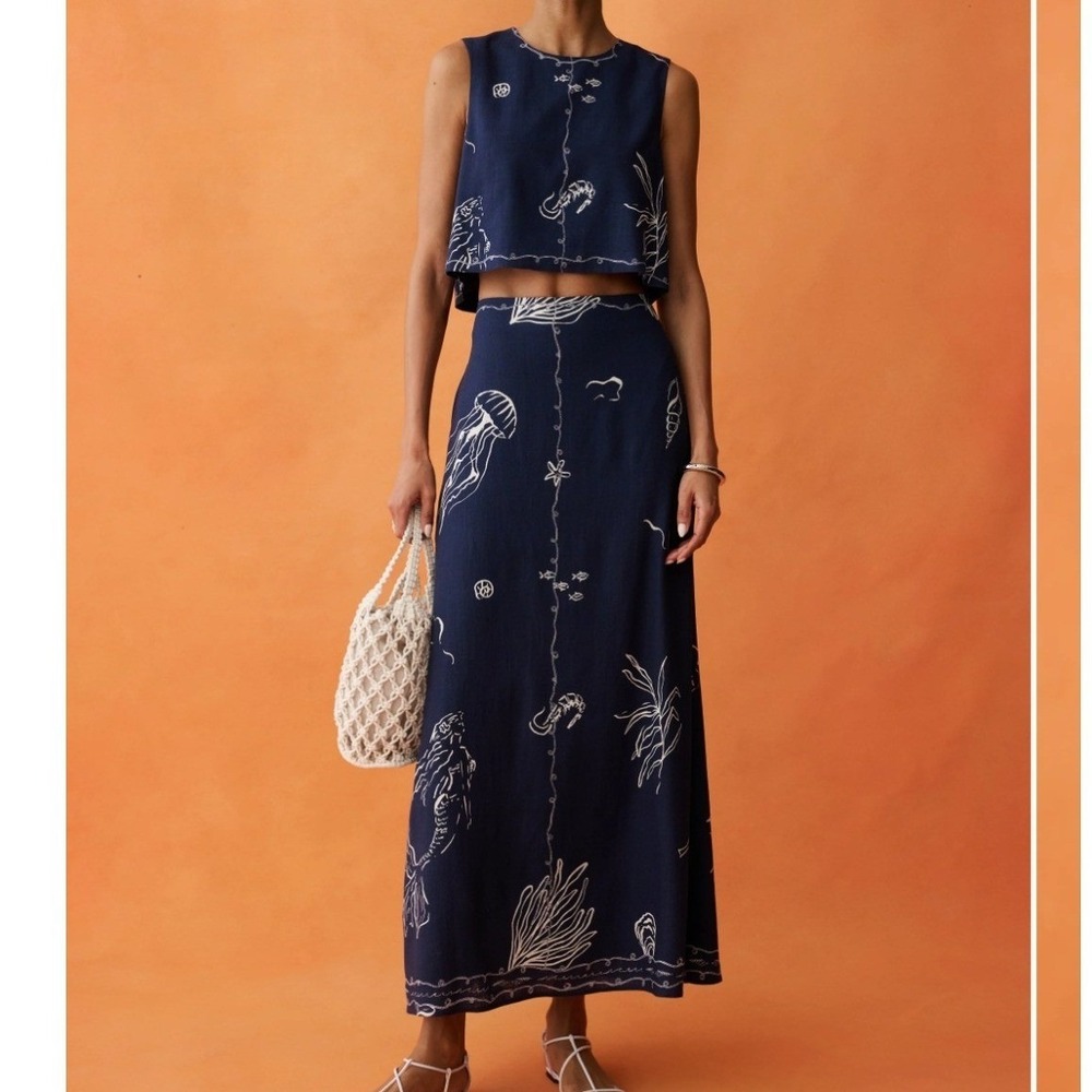 Few moda ANAYA Sari Set Navy Blue Linen Blend Top Maxi Skirt Size 12 NEW